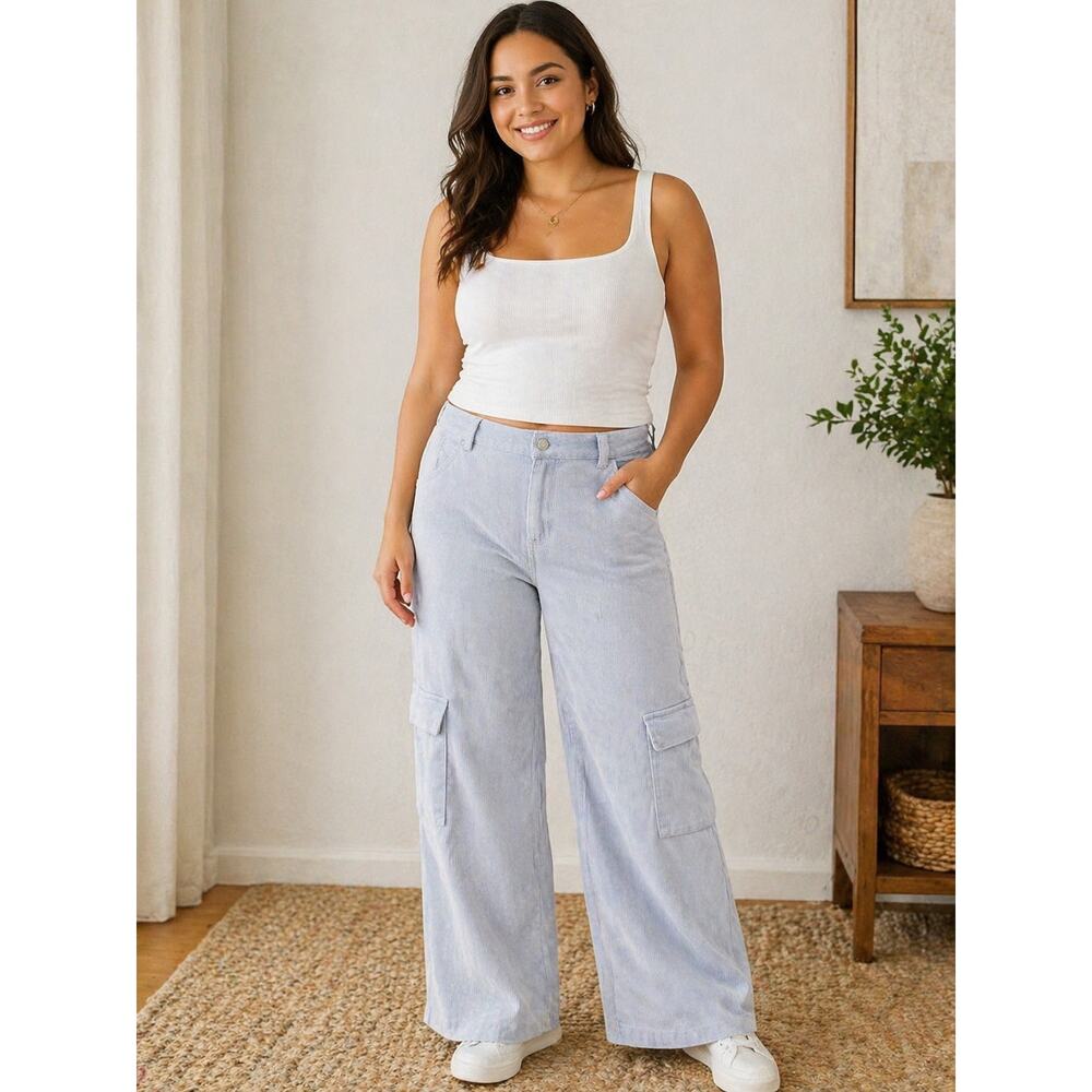 LR903 Forever 21 Light Blue Corduroy Cargo Pants Size S Wide Leg High Rise